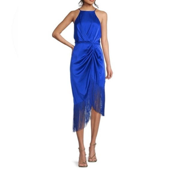 Belle Badgley Mischka Jackie Halter Neck Sleeveless Side Ruched Asymmetrical Fringe Hem Midi Dress, Womens, 2, Cobalt